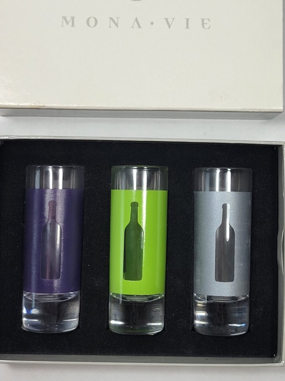 Mona Vie Set of 3 Frosted Color-Sleeve (Purple, Green, Silver) Tall Shot glasses